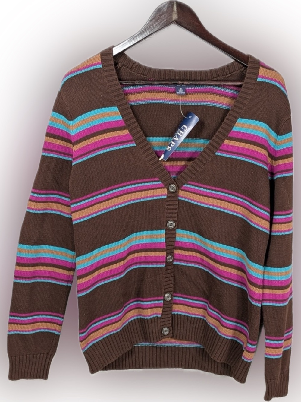 Chaps Brown Striped Cardigan with Pink and Teal Accents